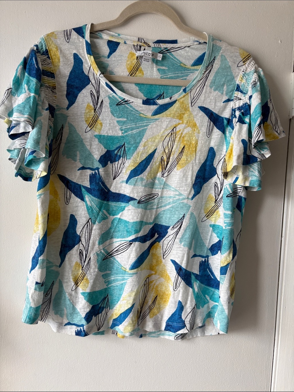 Chico's Teal Blue Yellow Abstract Ruffle Sleeve Tee